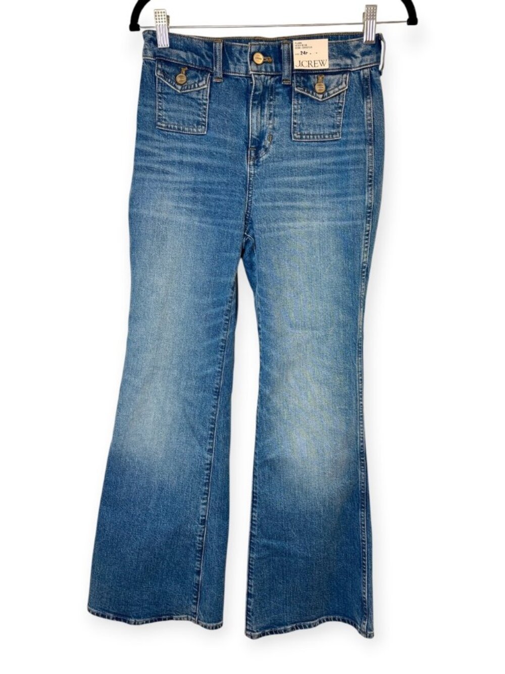J.Crew High-Rise Flare Jeans Front Button-Flap Patch Pocket Medium Wash 24P NWT
